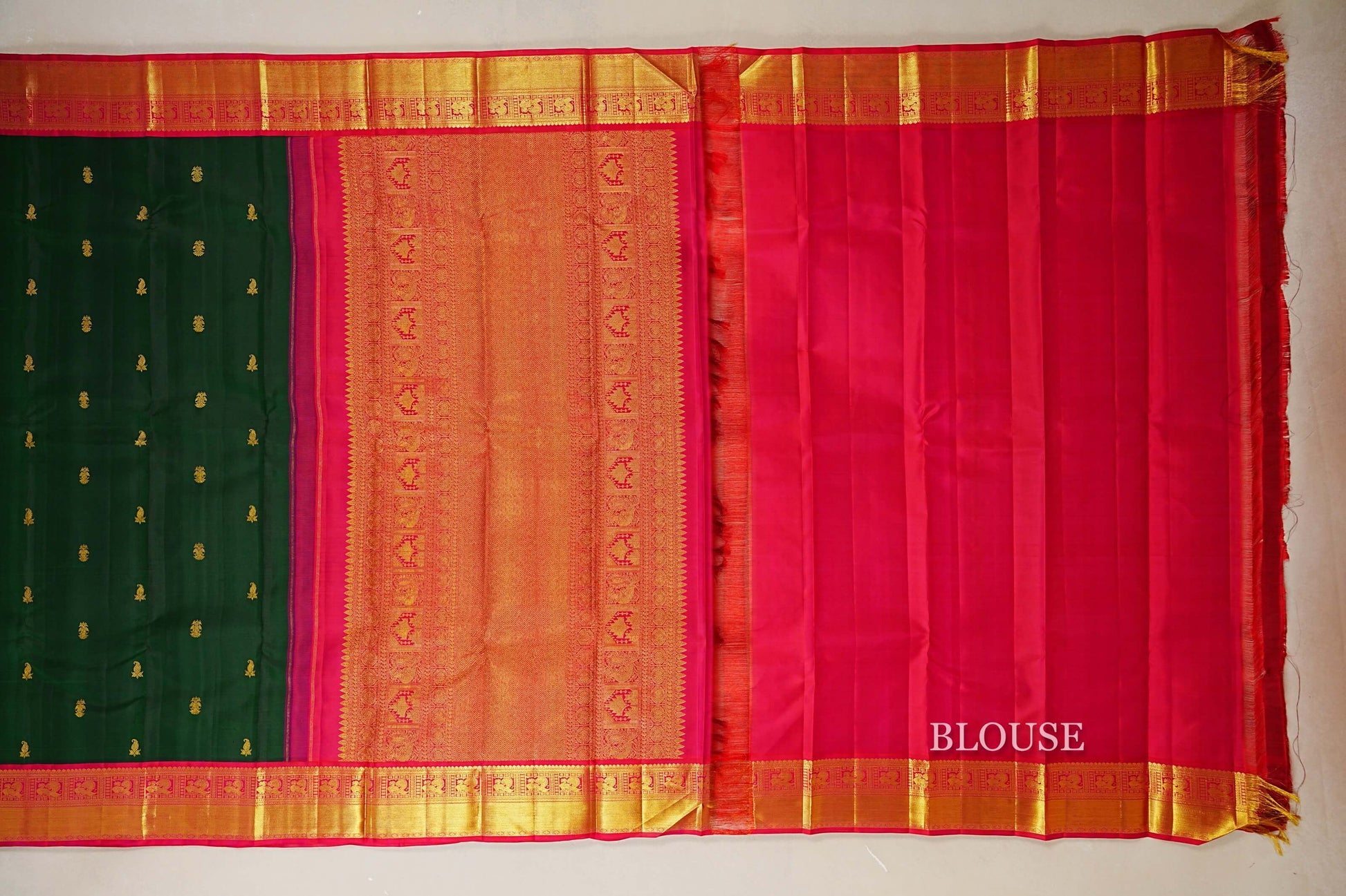 Bottle Green with Rani Pink Borders Vintage Kanjivaram Silk Saree blouse