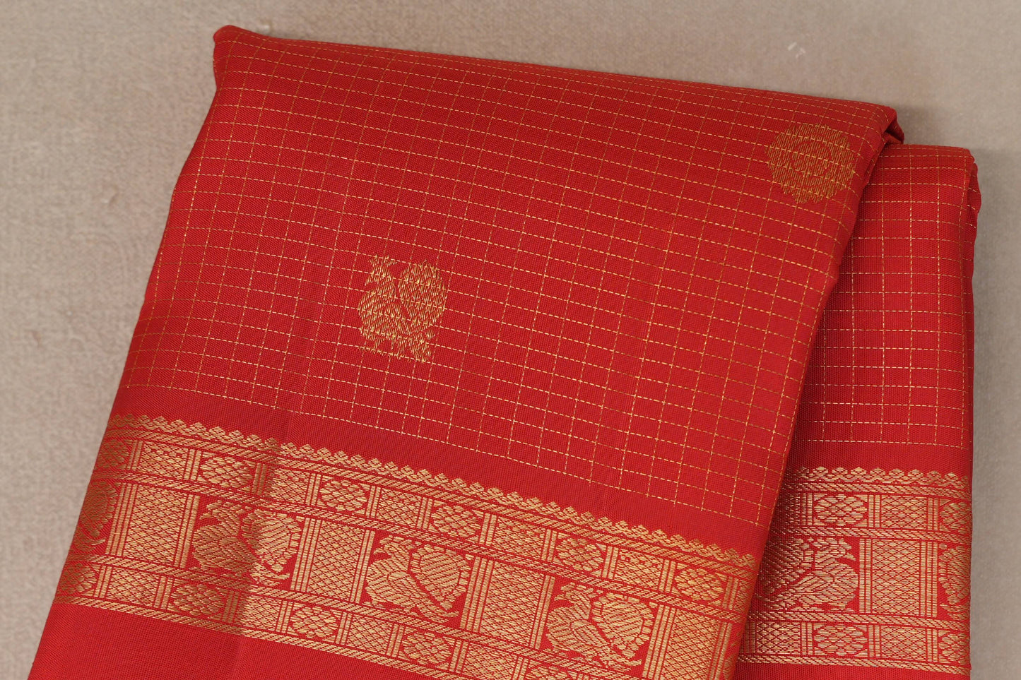 Bright Red Small Zari Checks with Rettai Pettu Borders Vintage Kanjivaram Silk Saree by Shreenivas Silks PSSR019693 - Parisera