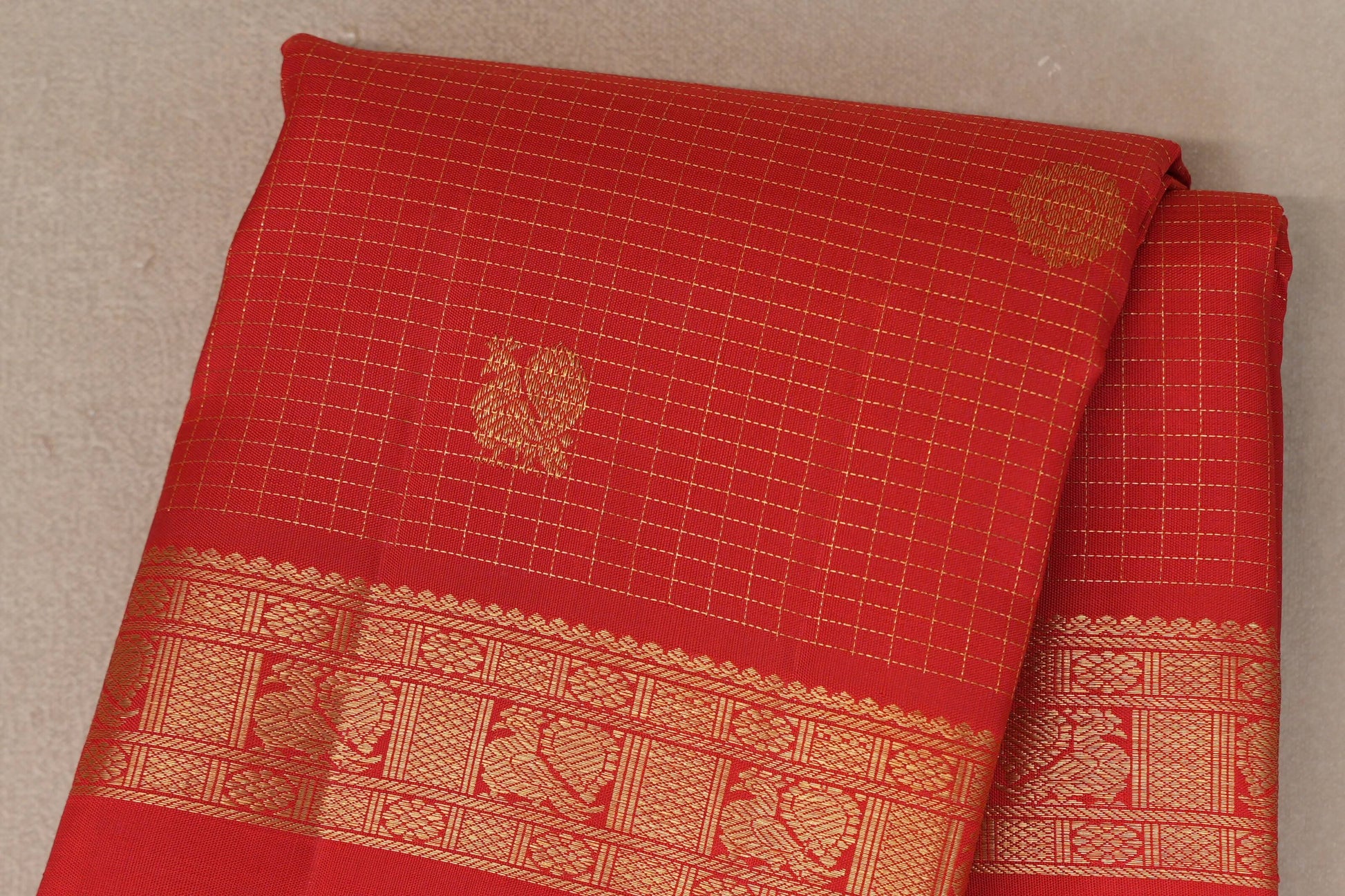 Bright Red Small Zari Checks with Rettai Pettu Borders Vintage Kanjivaram Silk Saree by Shreenivas Silks PSSR019693 - Parisera