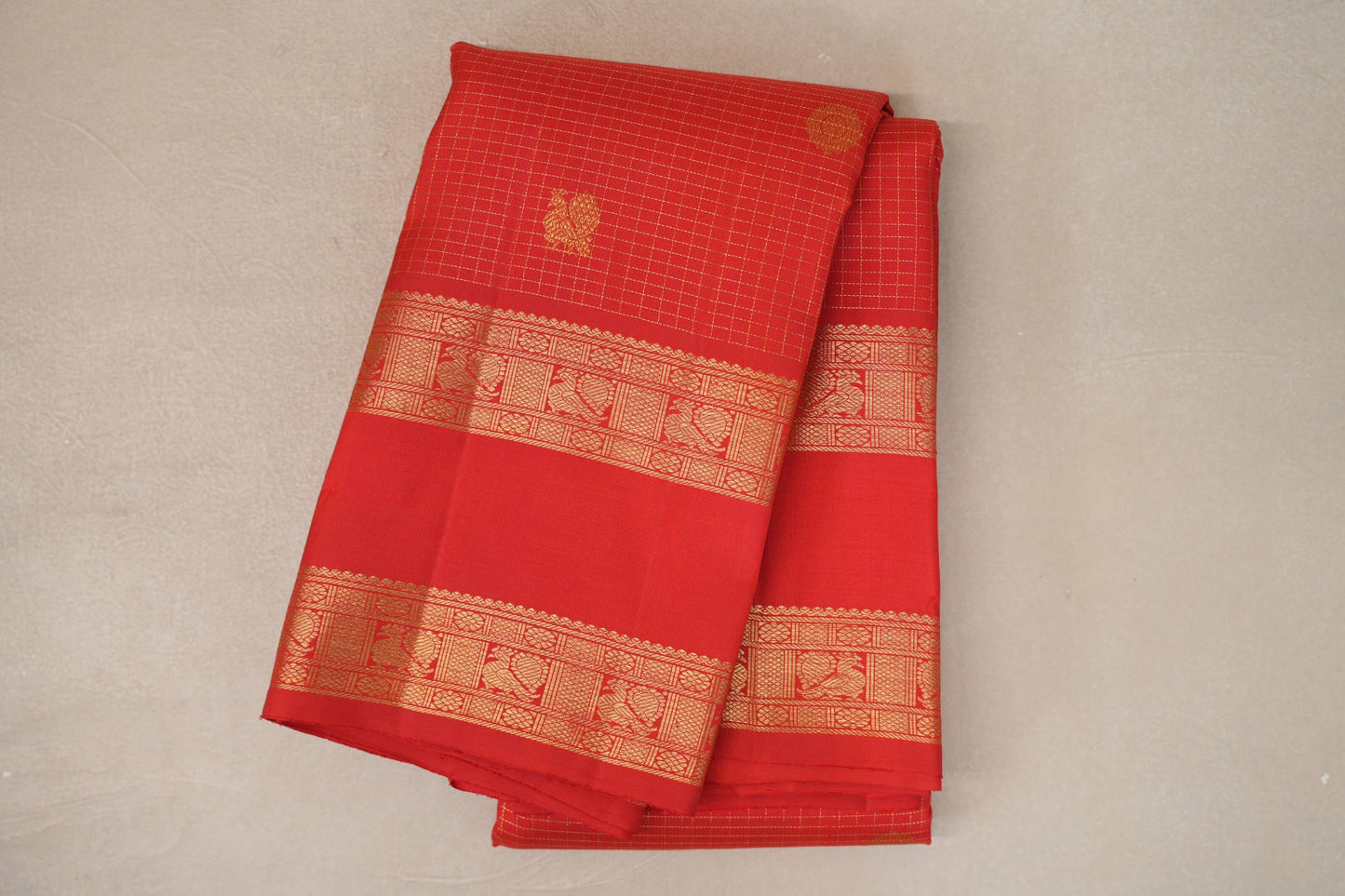 Bright Red Small Zari Checks with Rettai Pettu Borders Vintage Kanjivaram Silk Saree by Shreenivas Silks PSSR019693 - Parisera