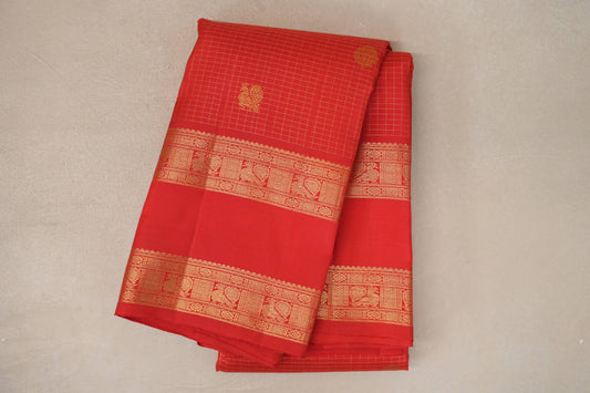 Bright Red Small Zari Checks with Rettai Pettu Borders Vintage Kanjivaram Silk Saree by Shreenivas Silks PSSR019693 - Parisera
