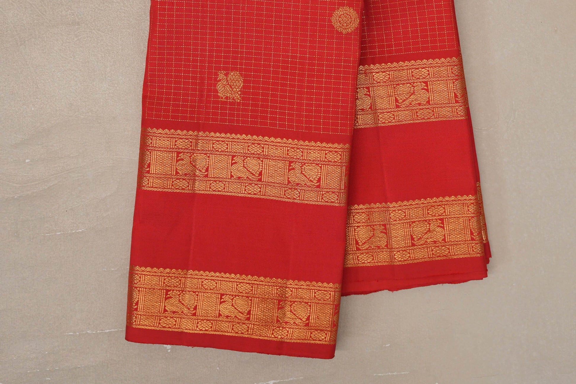 Bright Red Small Zari Checks with Rettai Pettu Borders Vintage Kanjivaram Silk Saree by Shreenivas Silks PSSR019693 - Parisera