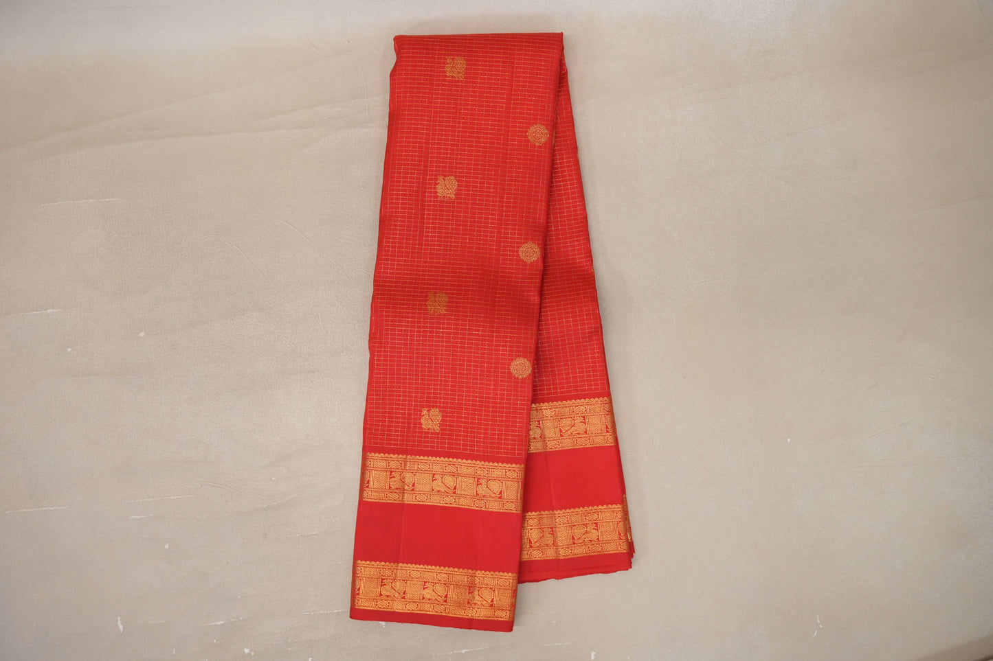 Bright Red Small Zari Checks with Rettai Pettu Borders Vintage Kanjivaram Silk Saree by Shreenivas Silks PSSR019693 - Parisera