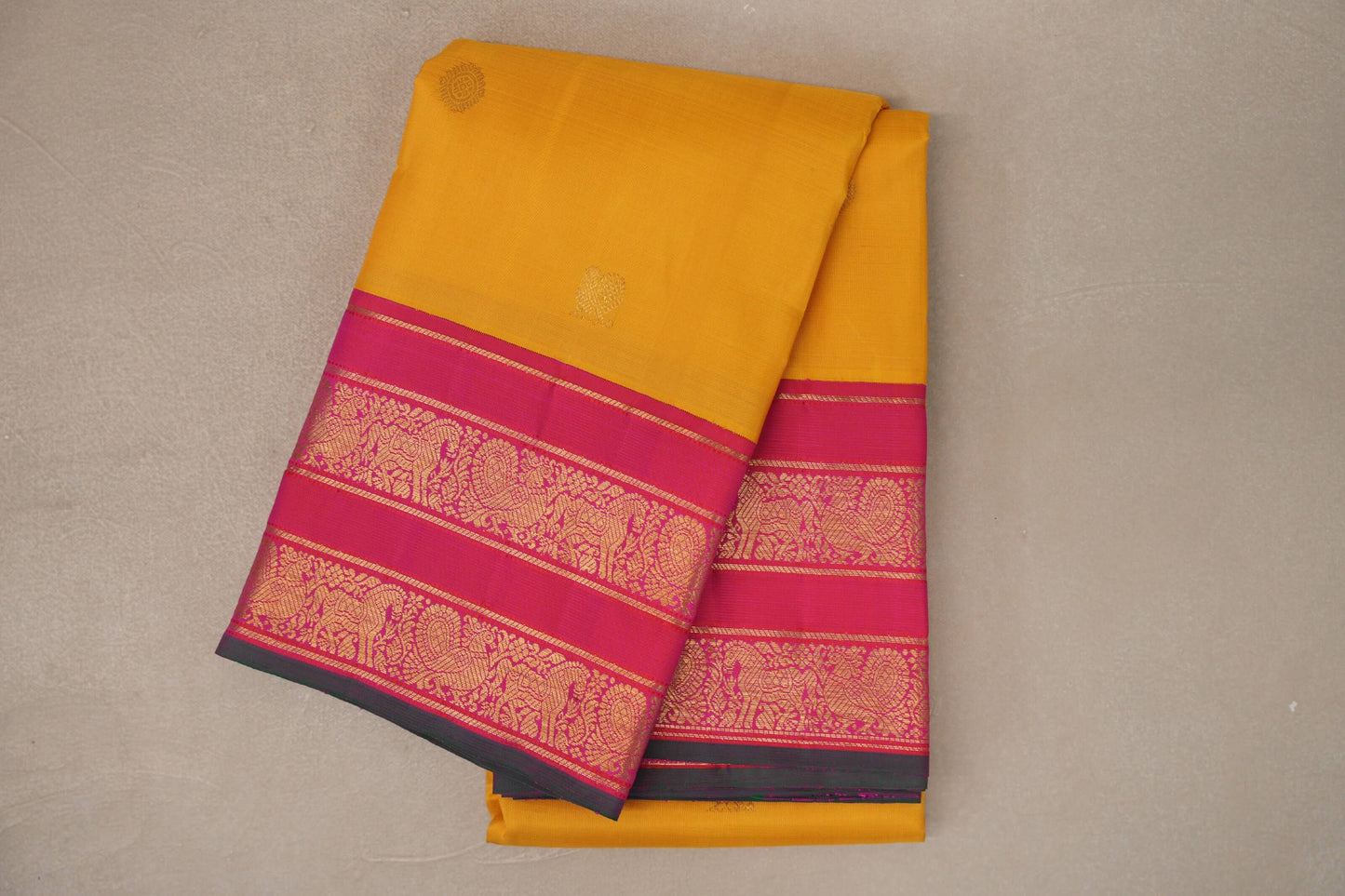 Mango Yellow with Orangish Pink Borders Vintage Kanjivaram Silk Saree by Shreenivas Silks PSSR019694 - Parisera