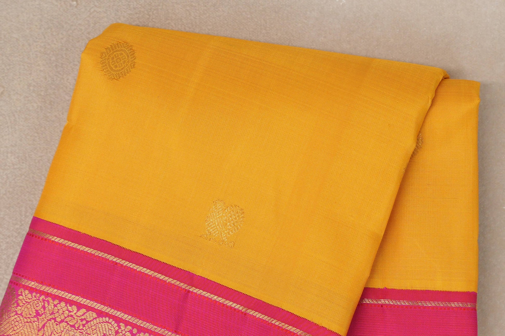 Mango Yellow with Orangish Pink Borders Vintage Kanjivaram Silk Saree by Shreenivas Silks PSSR019694 - Parisera