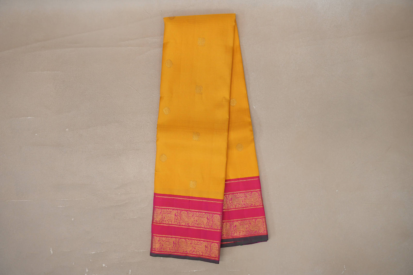 Mango Yellow with Orangish Pink Borders Vintage Kanjivaram Silk Saree by Shreenivas Silks PSSR019694 - Parisera