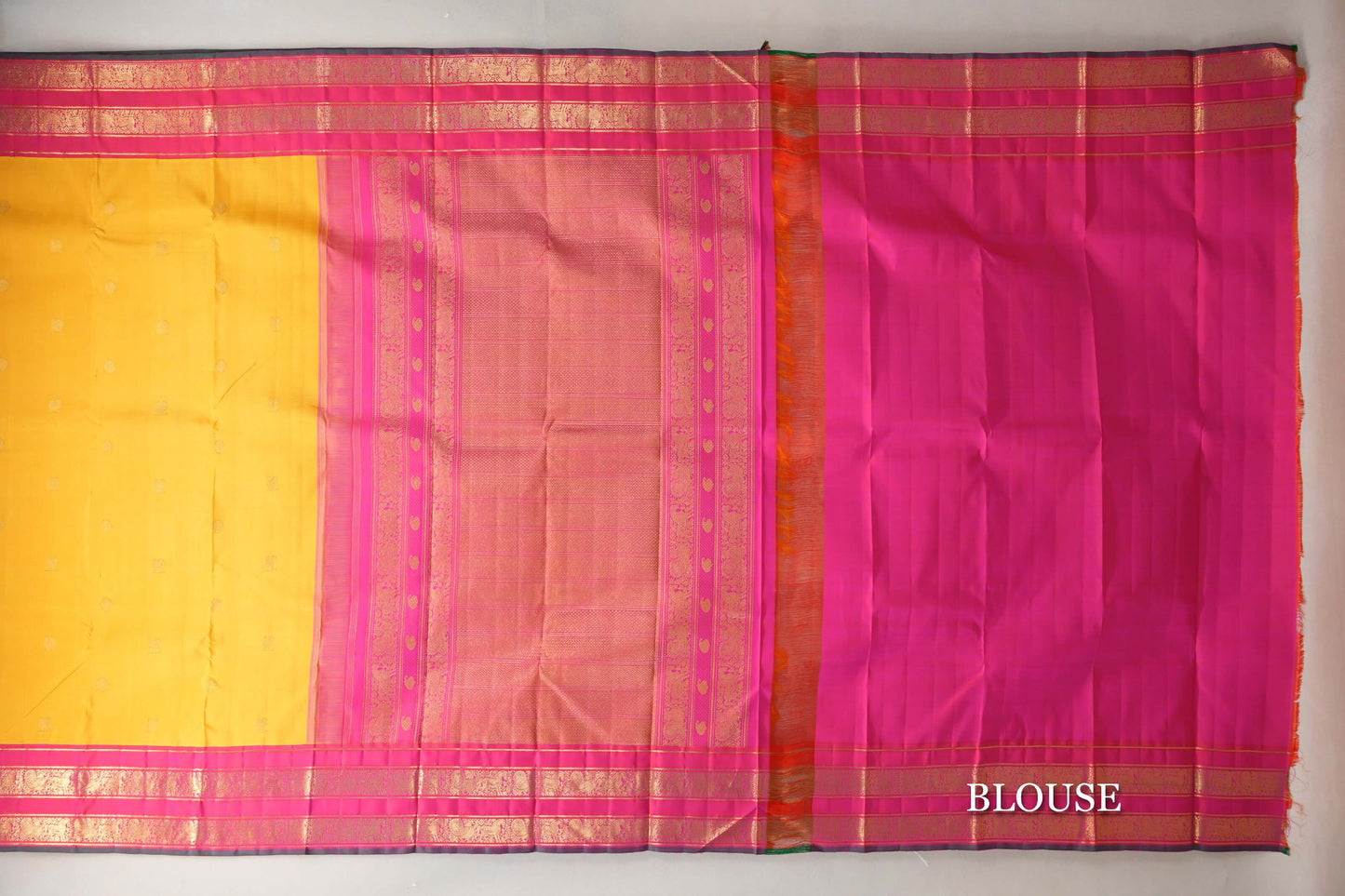 Mango Yellow with Orangish Pink Borders Vintage Kanjivaram Silk Saree by Shreenivas Silks PSSR019694 - Parisera