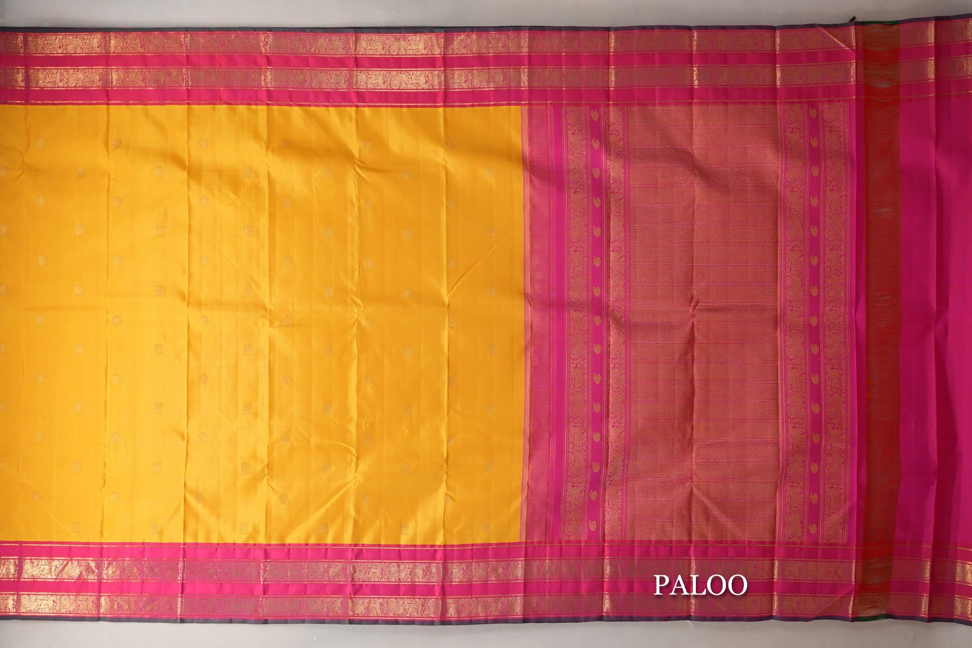 Mango Yellow with Orangish Pink Borders Vintage Kanjivaram Silk Saree by Shreenivas Silks PSSR019694 - Parisera