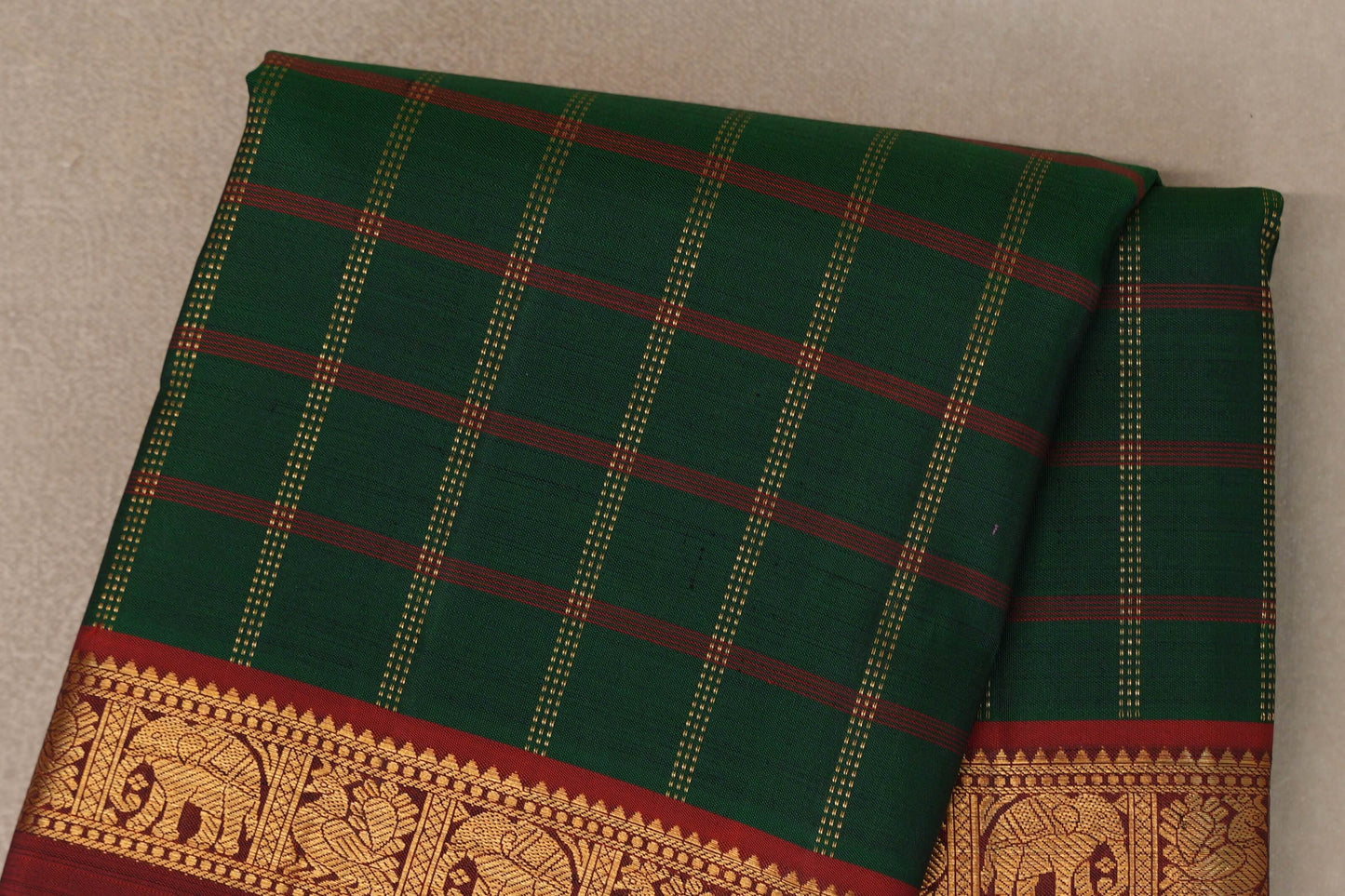 Deep Bottle Green with Reddish Maroon Rettai Pettu Borders Vintage Kanjivaram Silk Saree by Shreenivas Silks PSSR019695 - Parisera