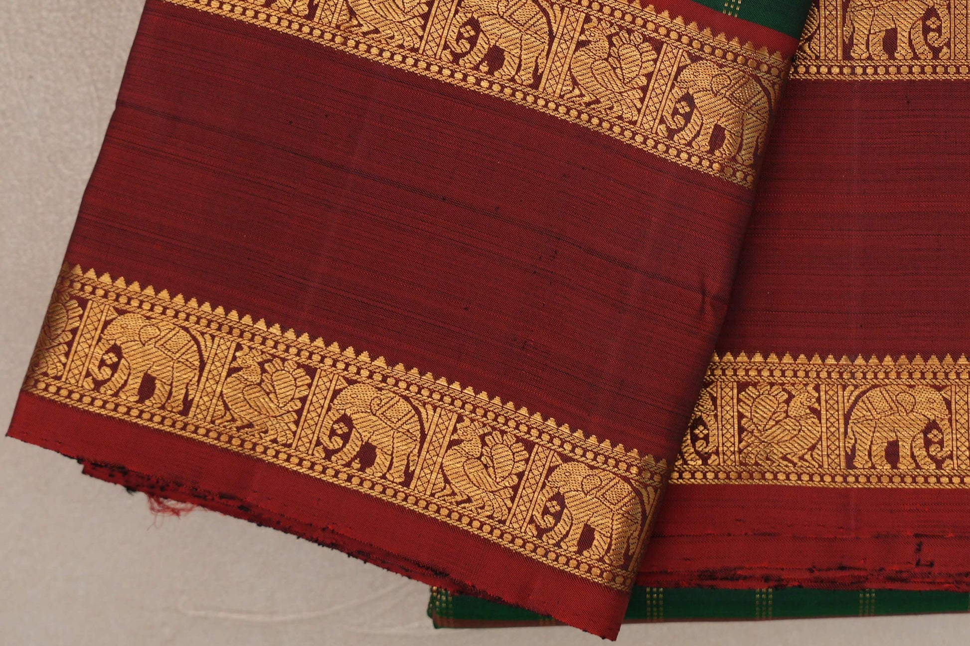 Deep Bottle Green with Reddish Maroon Rettai Pettu Borders Vintage Kanjivaram Silk Saree by Shreenivas Silks PSSR019695 - Parisera