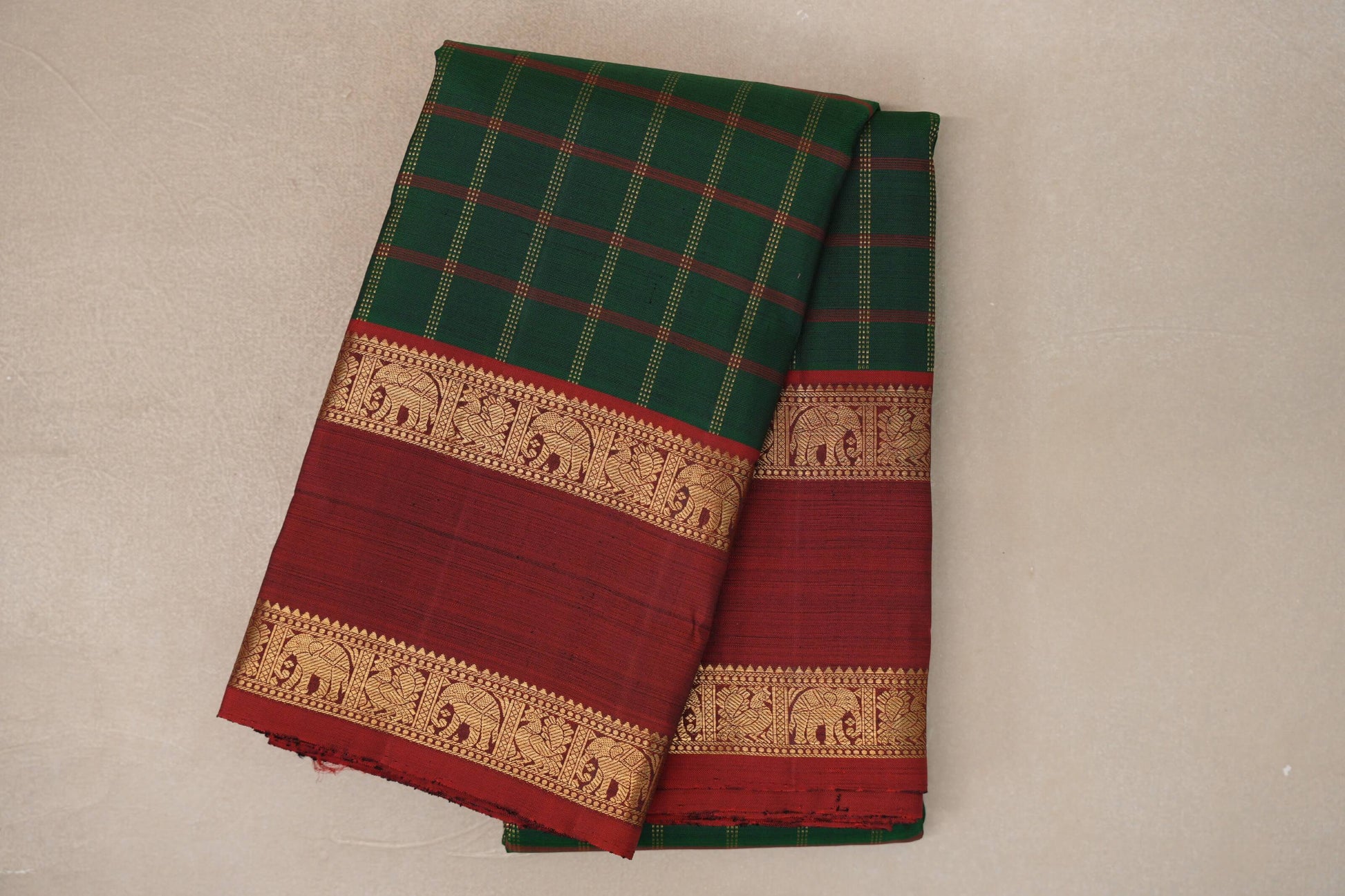 Deep Bottle Green with Reddish Maroon Rettai Pettu Borders Vintage Kanjivaram Silk Saree by Shreenivas Silks PSSR019695 - Parisera
