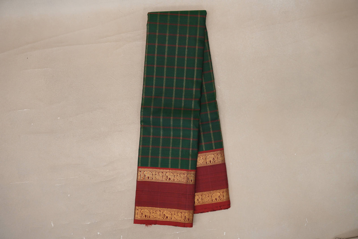 Deep Bottle Green with Reddish Maroon Rettai Pettu Borders Vintage Kanjivaram Silk Saree by Shreenivas Silks PSSR019695 - Parisera