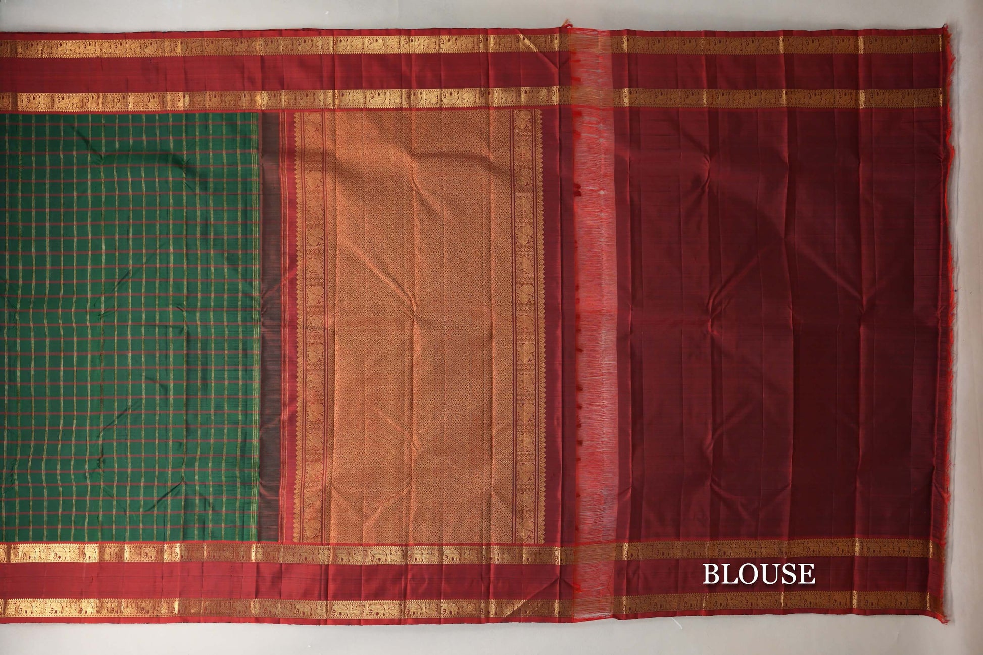 Deep Bottle Green with Reddish Maroon Rettai Pettu Borders Vintage Kanjivaram Silk Saree by Shreenivas Silks PSSR019695 - Parisera