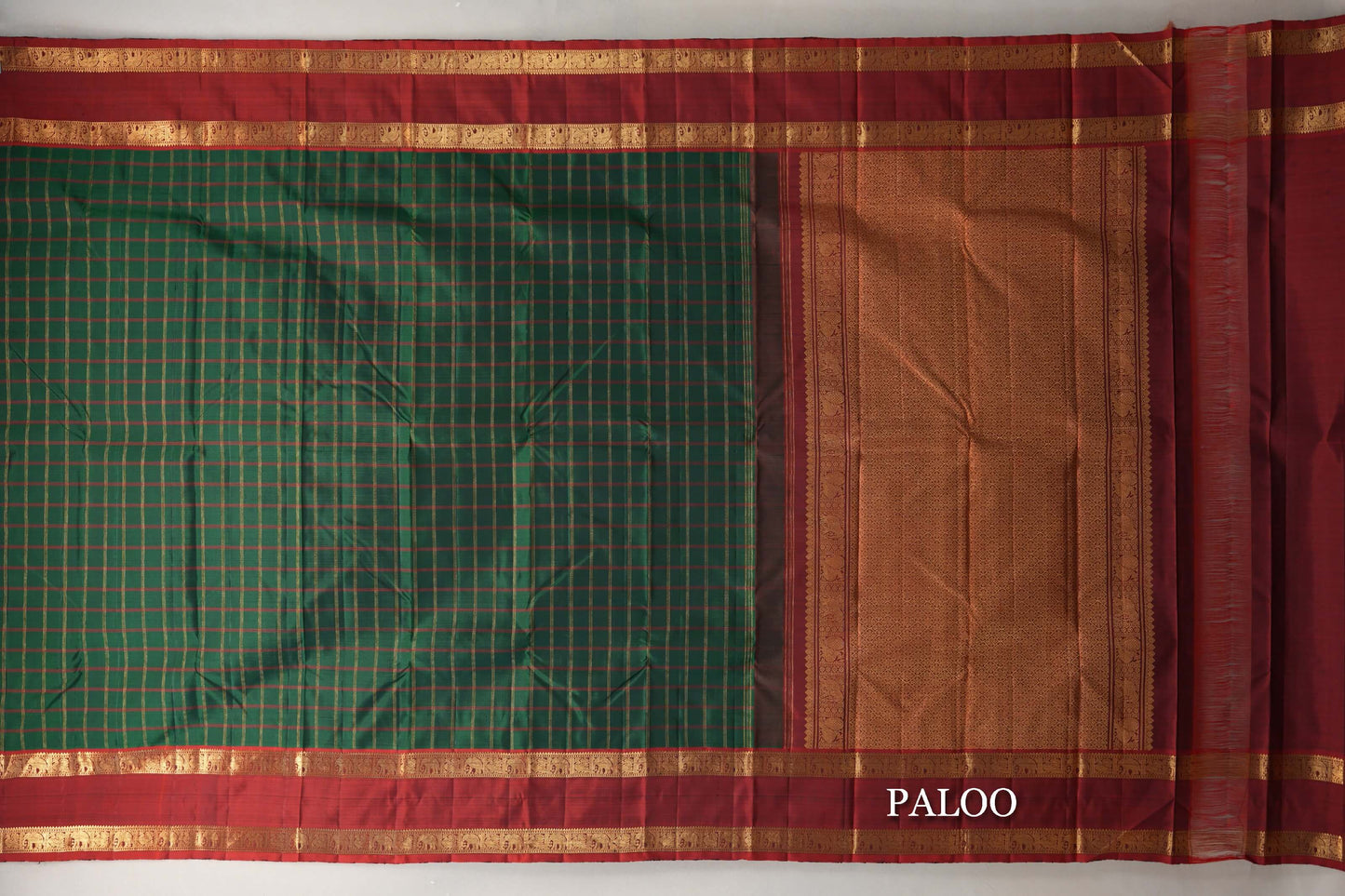 Deep Bottle Green with Reddish Maroon Rettai Pettu Borders Vintage Kanjivaram Silk Saree by Shreenivas Silks PSSR019695 - Parisera