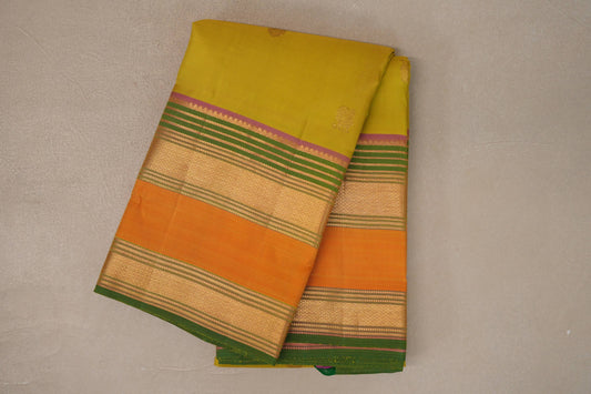 Greenish Yellow with Multi Color Rettai Pettu Borders Vintage Kanjivaram Silk Saree