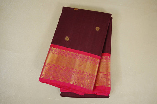 folded Deep Wine Maroon with Rani Pink Borders Vintage Kanjivaram Silk Saree