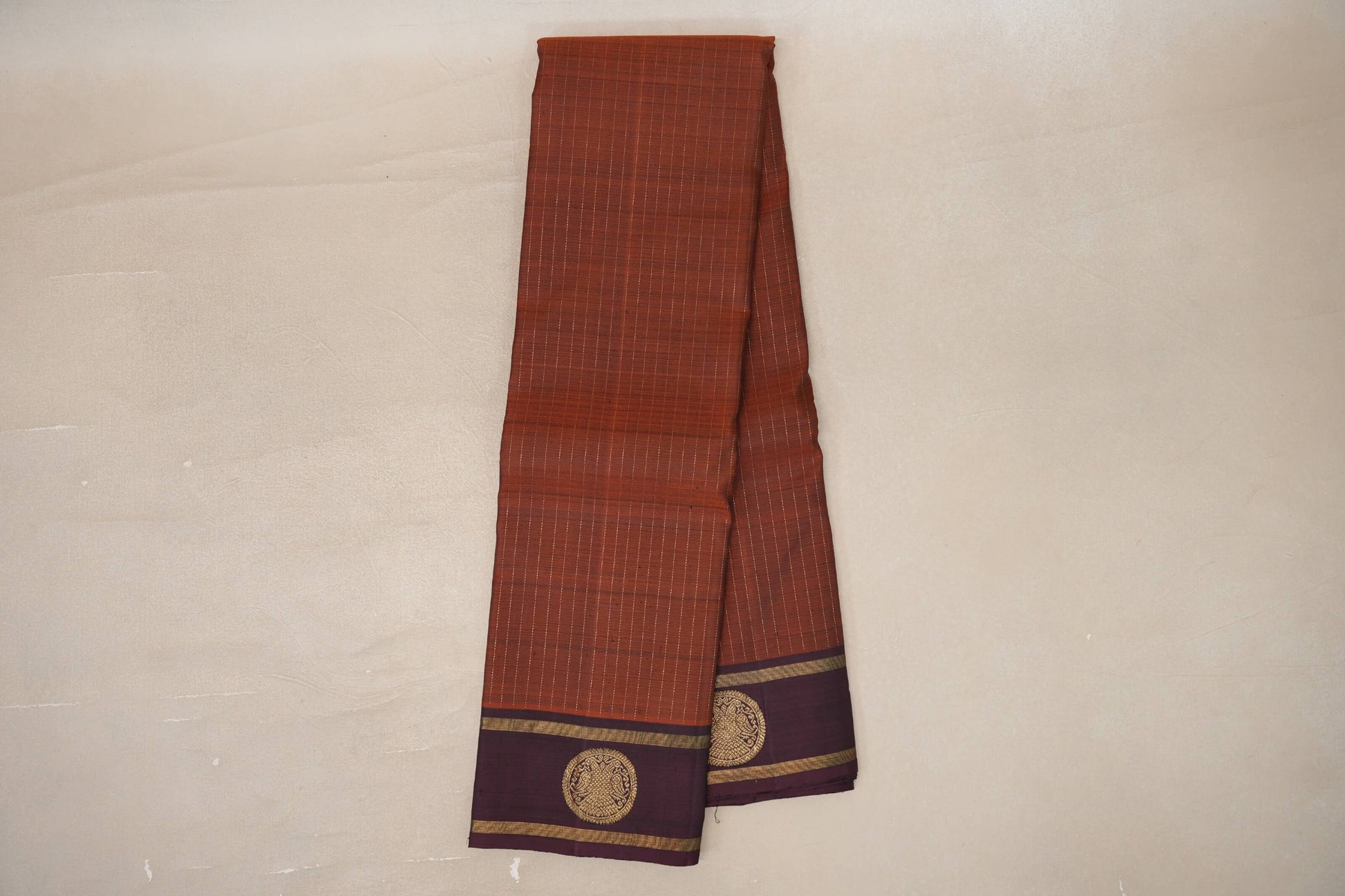 Online Dark Copper Brown with Deep Plum Borders Vintage Kanjivaram Silk Saree