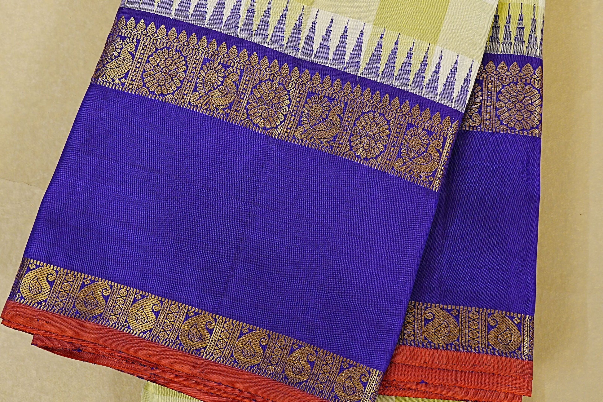Pista Green and Off White Checks Vintage Kanjivaram Silk Saree  border zoom