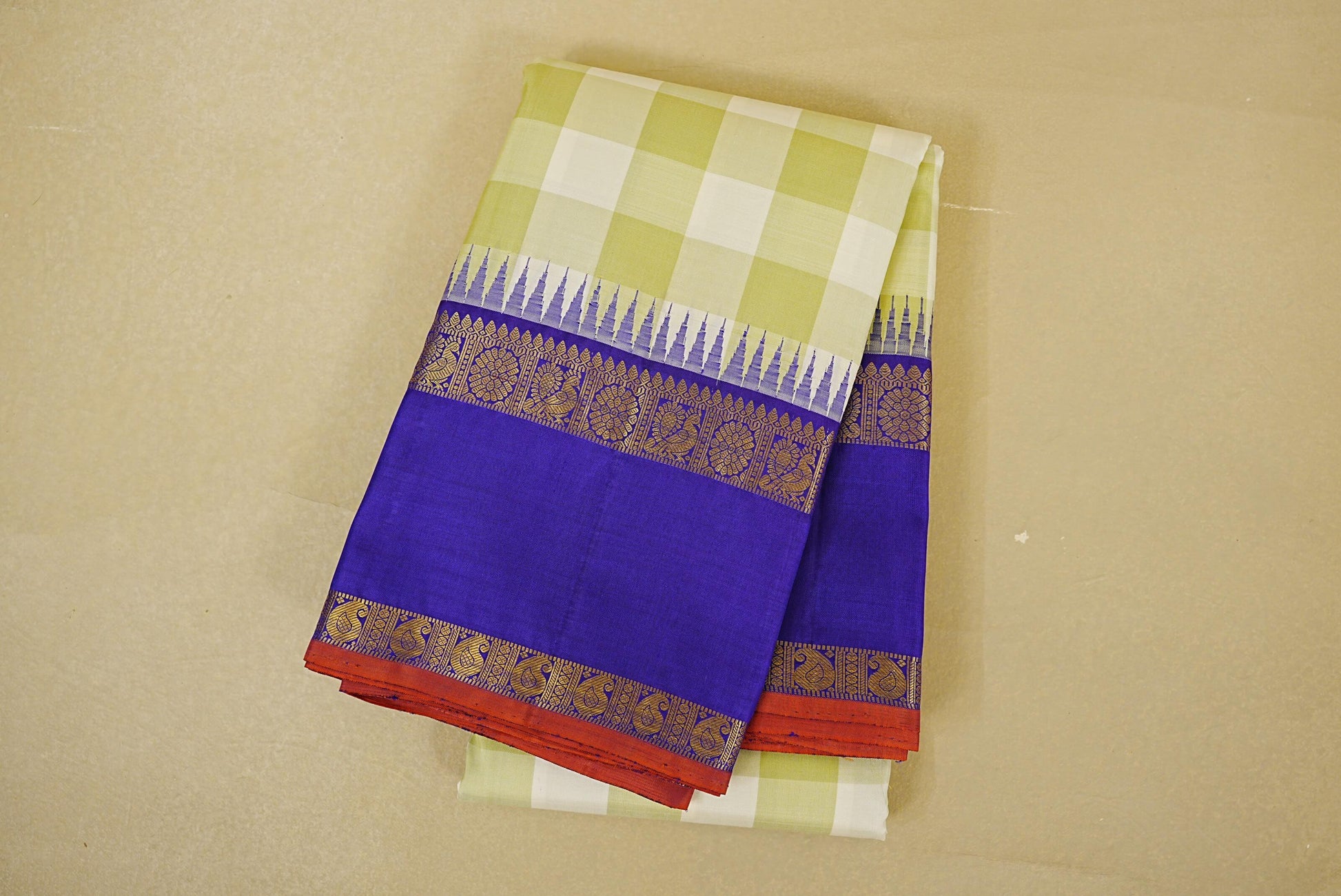folded Pista Green and Off White Checks Vintage Kanjivaram Silk Saree 