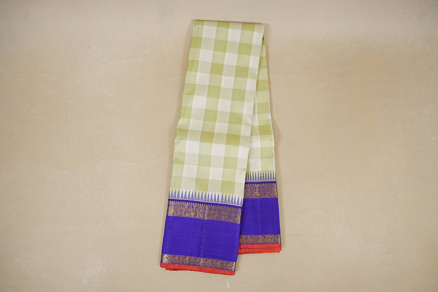 Pista Green and Off White Checks Vintage Kanjivaram Silk Saree online