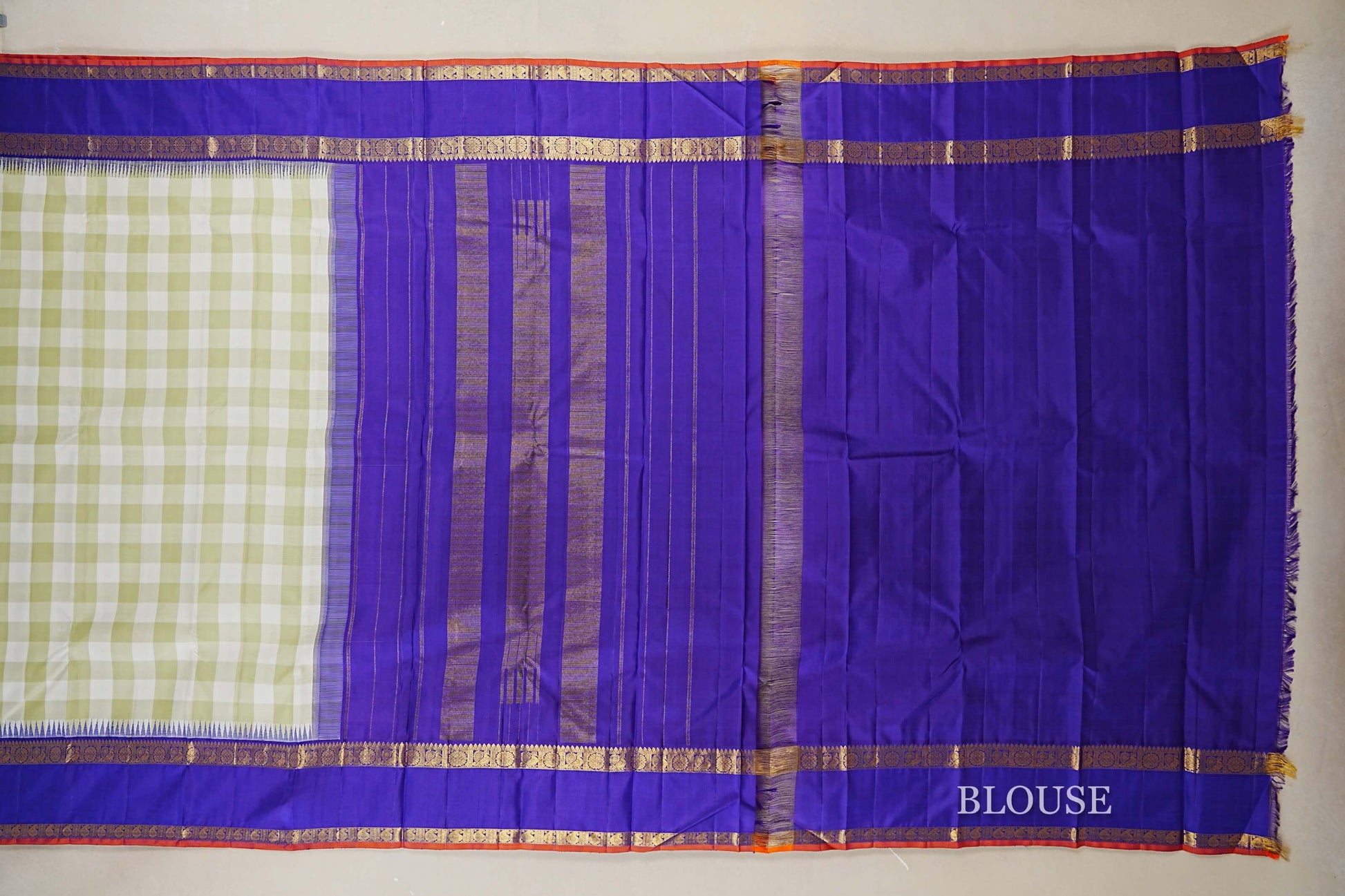 Pista Green and Off White Checks Vintage Kanjivaram Silk Saree  blouse