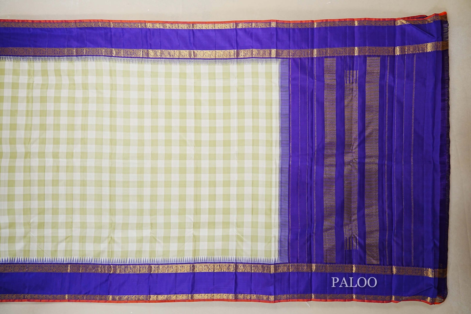 Pista Green and Off White Checks Vintage Kanjivaram Silk Saree  paloo