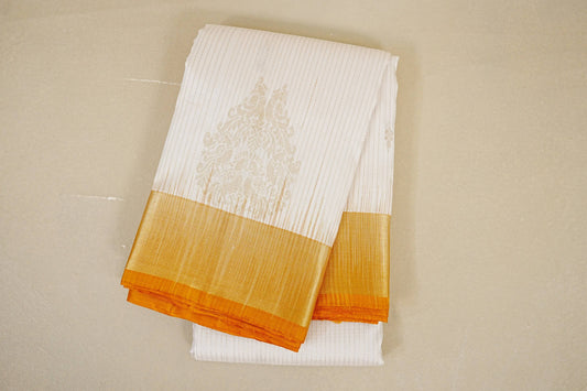 folded Cream with Mustard Yellow Borders Light Weight Kanchipuram Silk Saree 