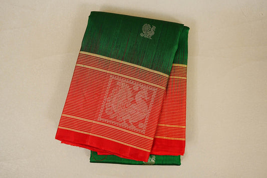 folded Bottle Green with Red Borders Light Weight Kanchipuram Silk Saree