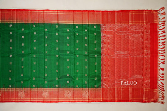 Bottle Green with Red Borders Light Weight Kanchipuram Silk Saree paloo