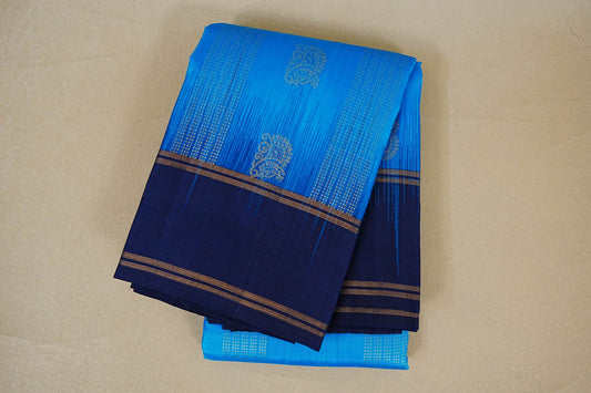 folded Medium Blue with Navy Blue Borders Light Weight Kanchipuram Silk Saree 