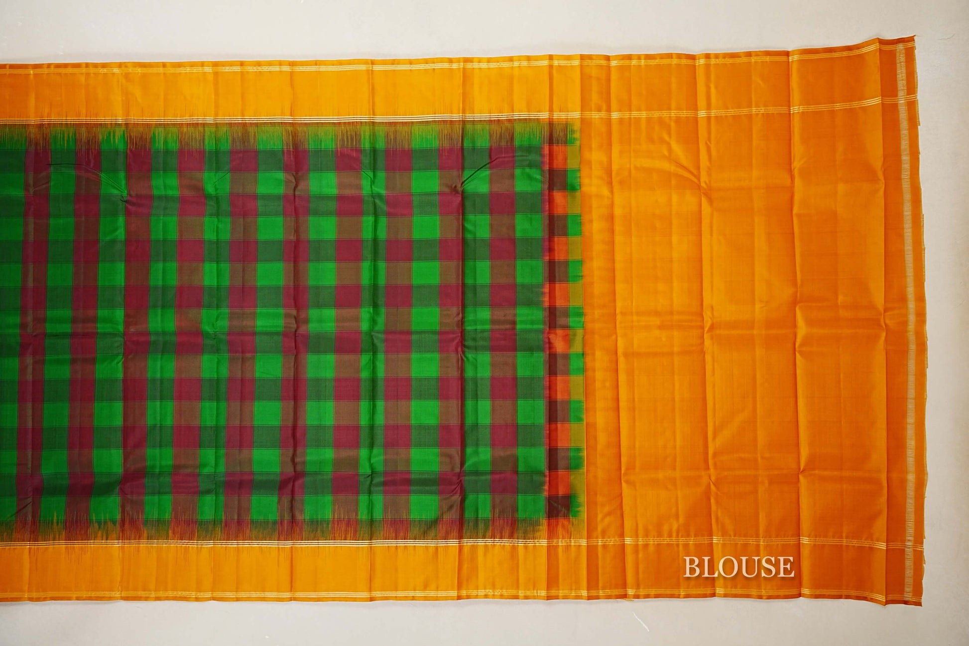 Parrot Green with Maroon Checks Light Weight Kanchipuram Silk Saree blouse