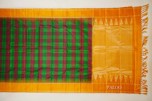 Parrot Green with Maroon Checks Light Weight Kanchipuram Silk Saree paloo