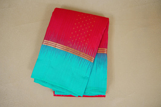 folded Rani Pink with Aqua Blue Borders Light Weight Kanchipuram Silk Saree