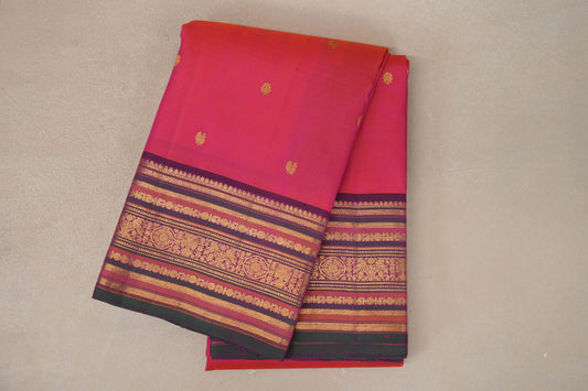 Orangish Pink with Multi Color with Dark Green Selvedge Borders Vintage Kanjivaram Silk Saree