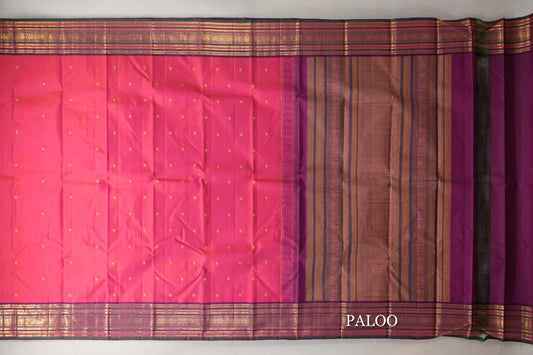 Orangish Pink with Multi Color with Dark Green Selvedge Borders Vintage Kanjivaram Silk Saree paloo