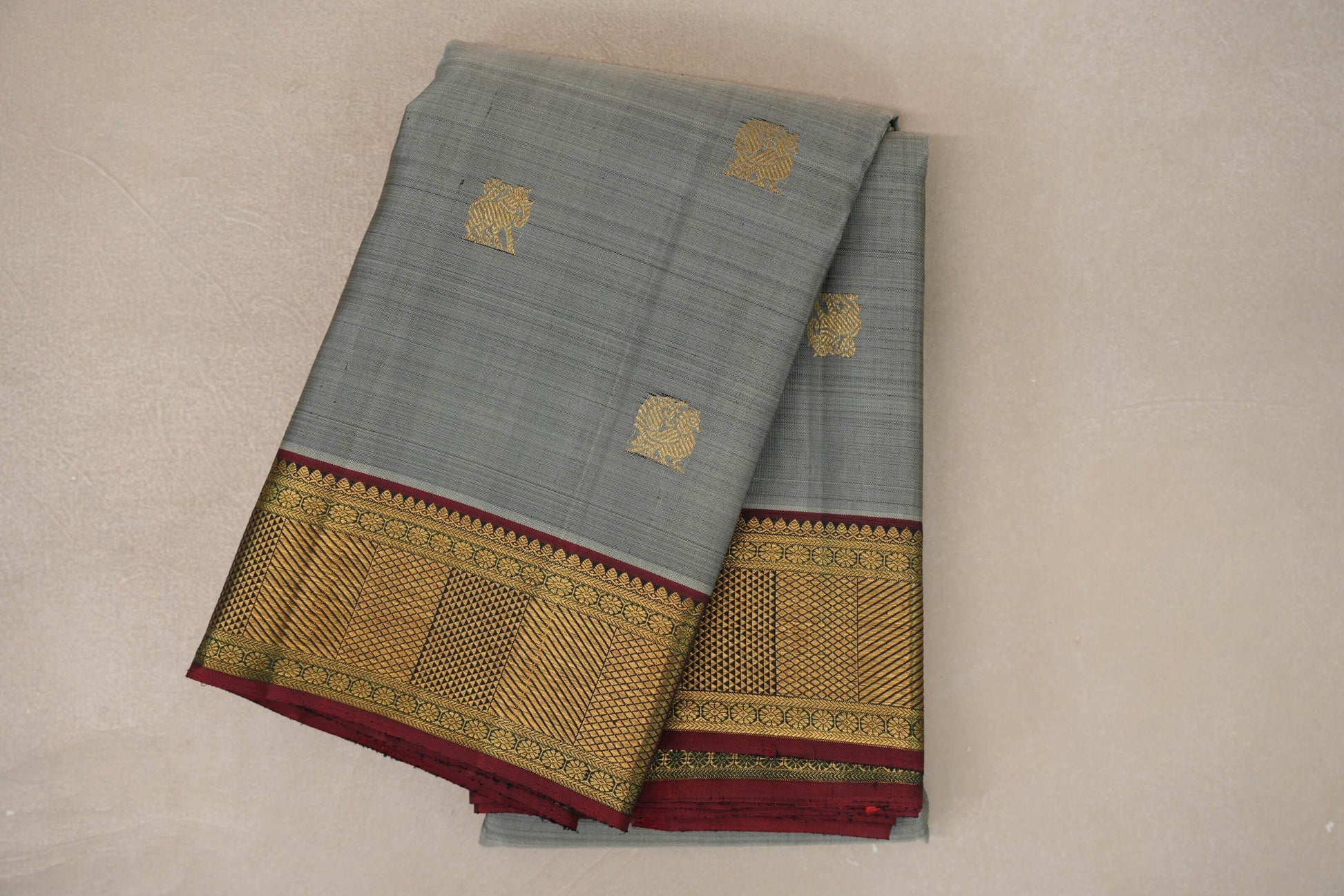 Silver Grey with Maroon Borders Vintage Kanjivaram Silk Saree