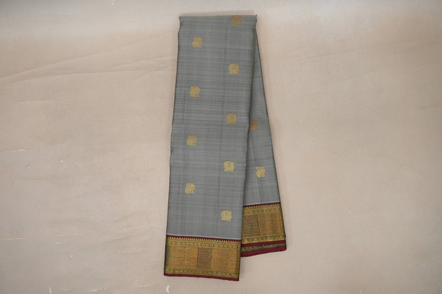 Online Silver Grey with Maroon Borders Vintage Kanjivaram Silk Saree