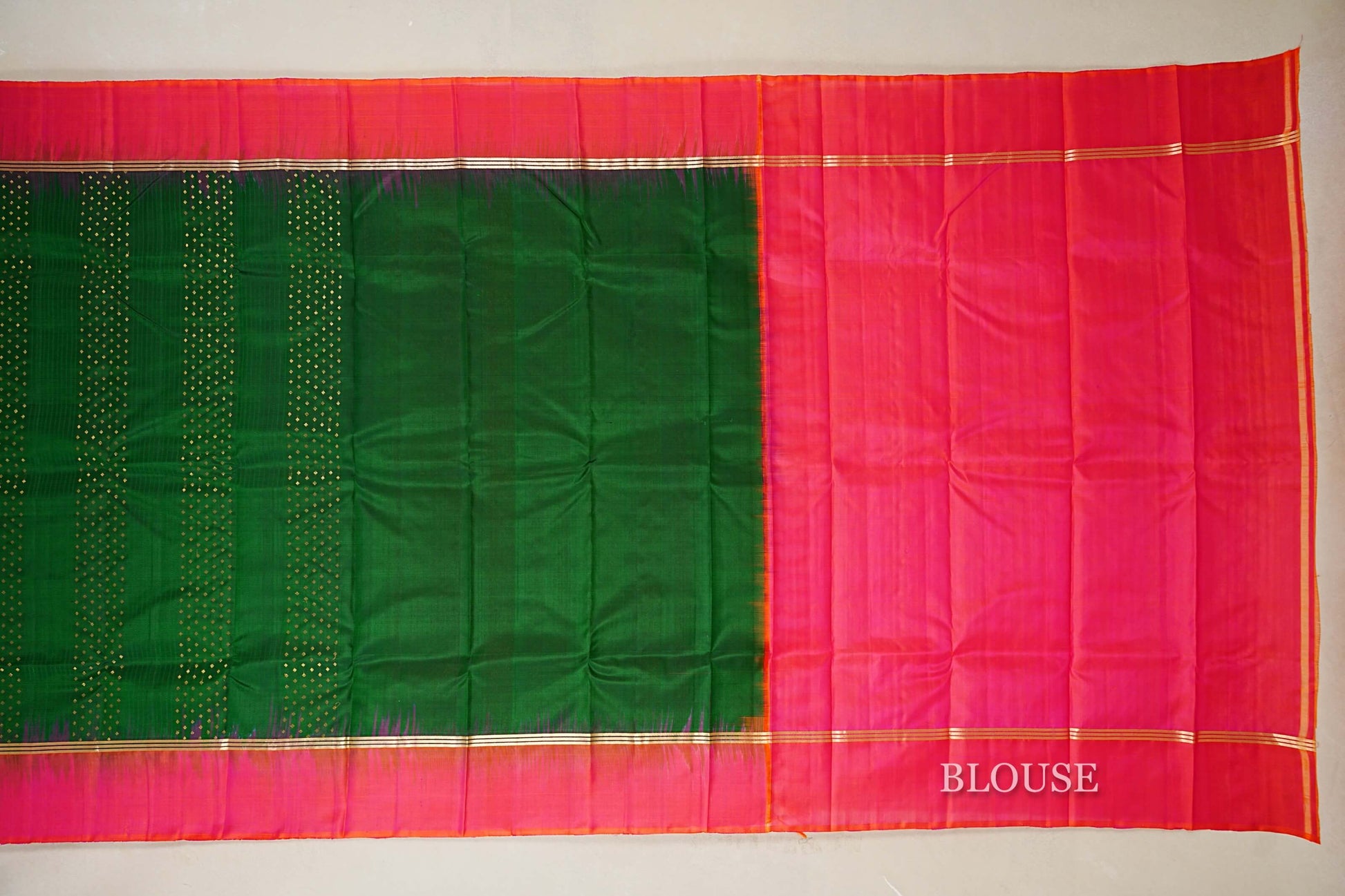 Bottle Green with Rani Pink Borders Light Weight Kanchipuram Silk Saree blouse