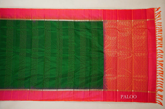 Bottle Green with Rani Pink Borders Light Weight Kanchipuram Silk Saree Paloo