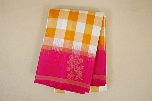folded Mustard Orange and Off White Checks  Light Weight Kanchipuram Silk Saree