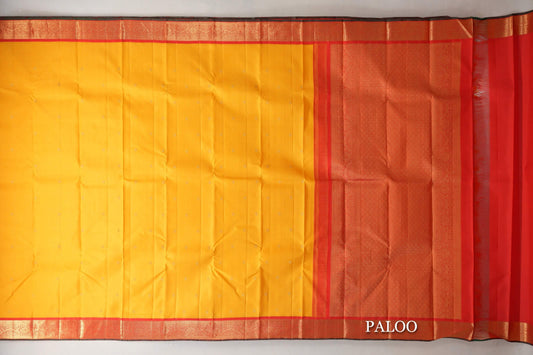 Bright Yellow with Tomato Red with Bottle Green Selvedge Borders Vintage Kanjivaram Silk Saree paloo