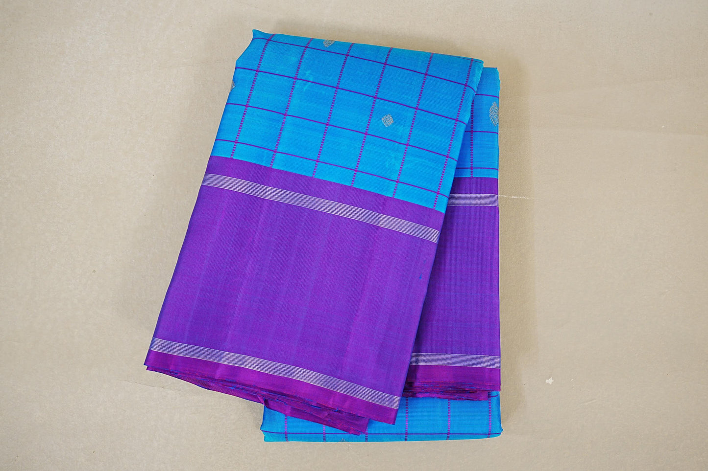 FOLDED Peacock Blue with Purple Borders Vintage Kanjivaram Silk Saree 