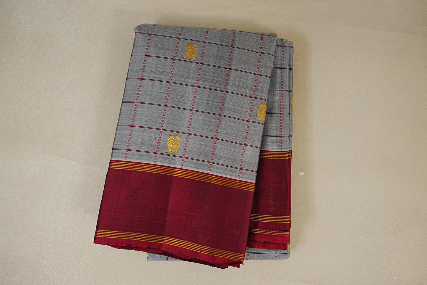 folded Grey with Maroon Borders Vintage Kanjivaram Silk Saree