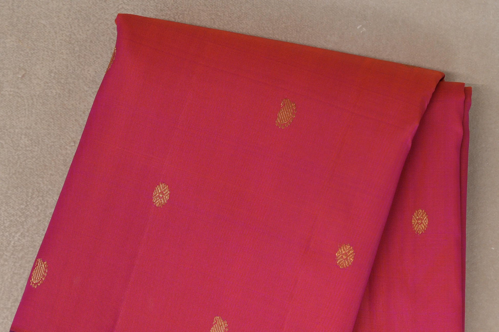 Orangish Pink with Deep Magenta with Dark Bottle Green Selvedge Borders Vintage Kanjivaram Silk Saree body