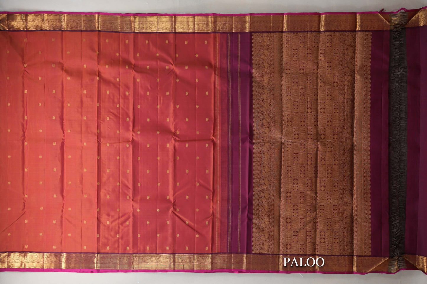 Dual Tone of Rust Orange & Magenta Vintage Kanjivaram Silk Saree paloo
