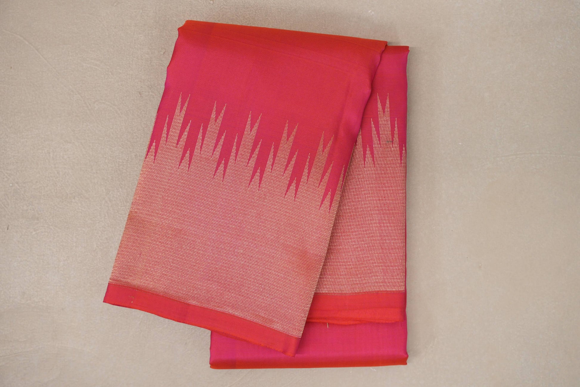 Orangish Pink with Temple Borders Light Weight Kanchipuram Silk Saree