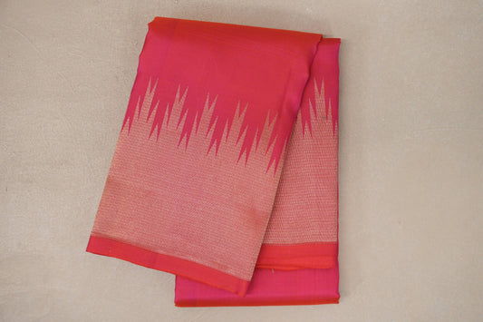 Orangish Pink with Temple Borders Light Weight Kanchipuram Silk Saree