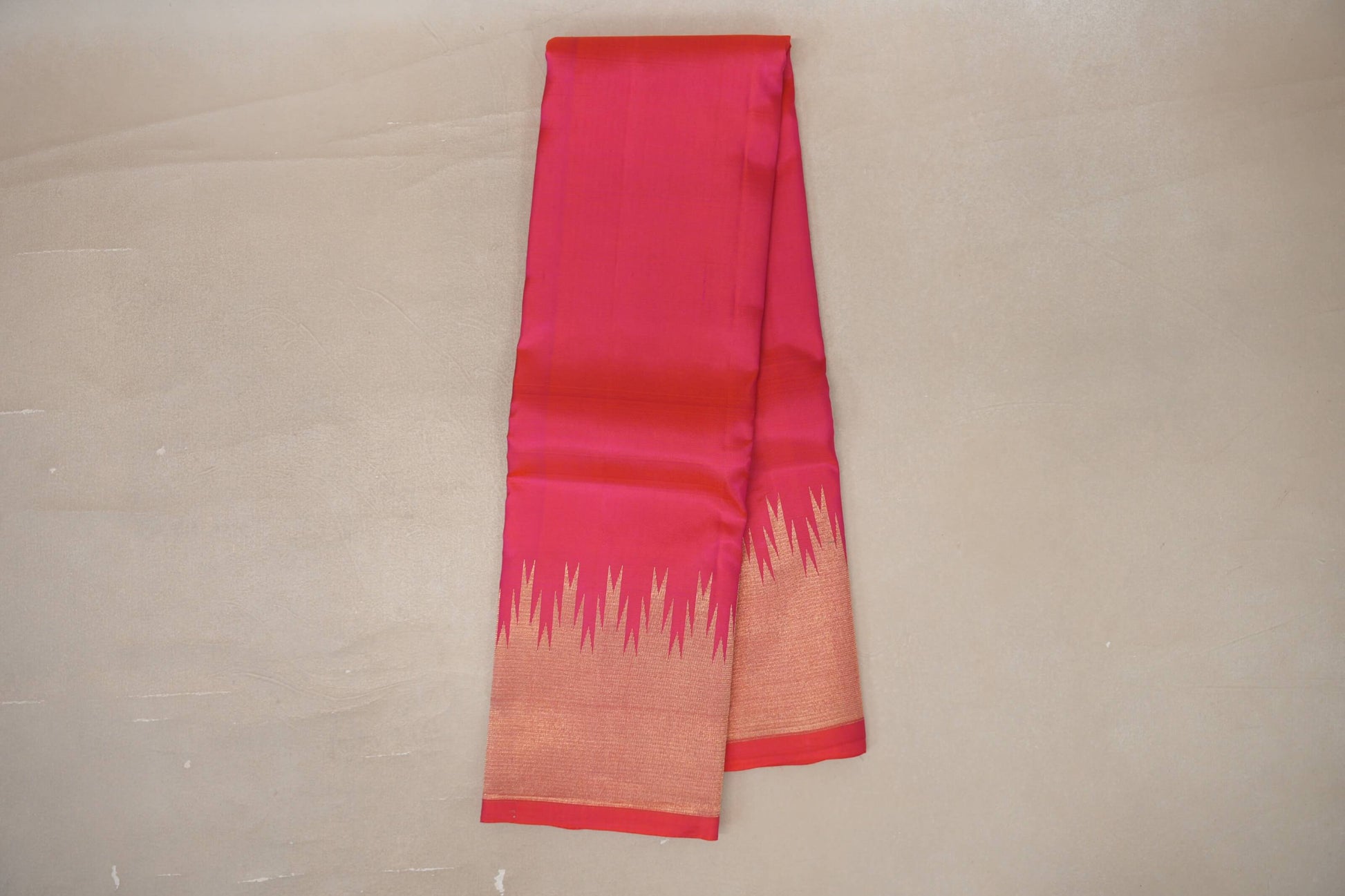 Online Orangish Pink with Temple Borders Light Weight Kanchipuram Silk Saree