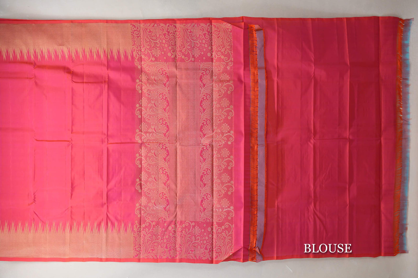 Orangish Pink with Temple Borders Light Weight Kanchipuram Silk Saree blouse