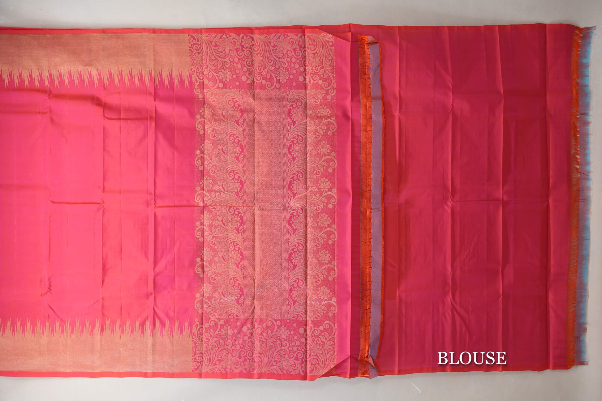 Orangish Pink with Temple Borders Light Weight Kanchipuram Silk Saree blouse